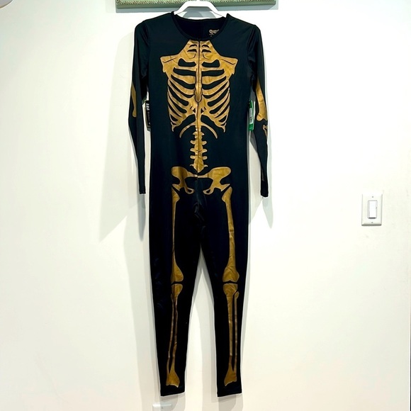 Brand New Black & Bronze Skeleton Bodysuit Full Body Zip Up Long Sleeve Large - Picture 2 of 7
